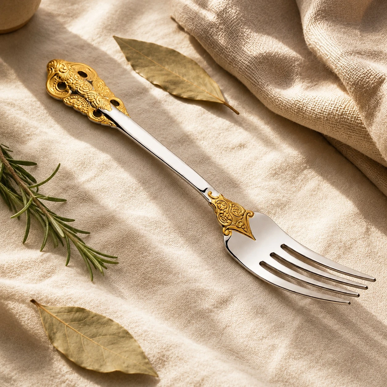 Gold Tone Carved Dinner Fork by Yinshiji